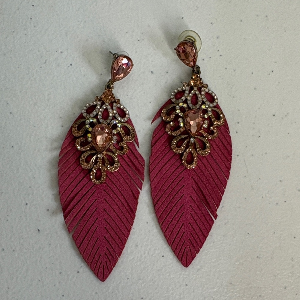 Vintage Pink Suede Leaf Drop Earrings with Crystal Filigree